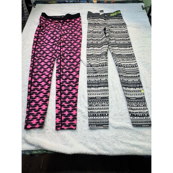Nike Pro Size S Lot Of 2 Running Tights Pants Lightweight Patterned BRIGHT Pink - Picture 1 of 11